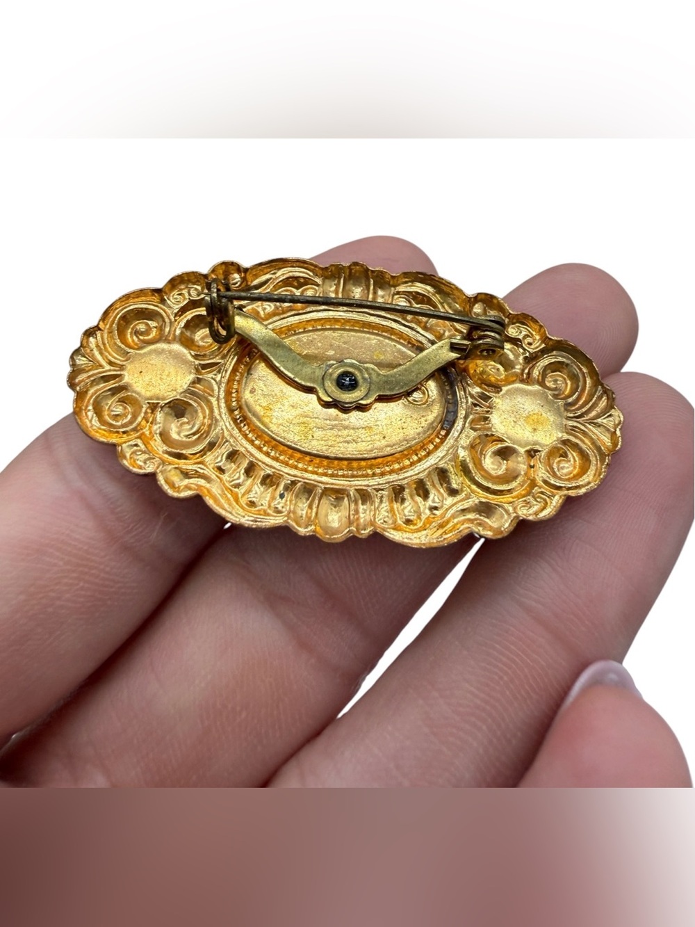 Vintage Gold-Tone Brooch by Vintage with Black Cabochon and Pearl Accents - Picture 3 of 6